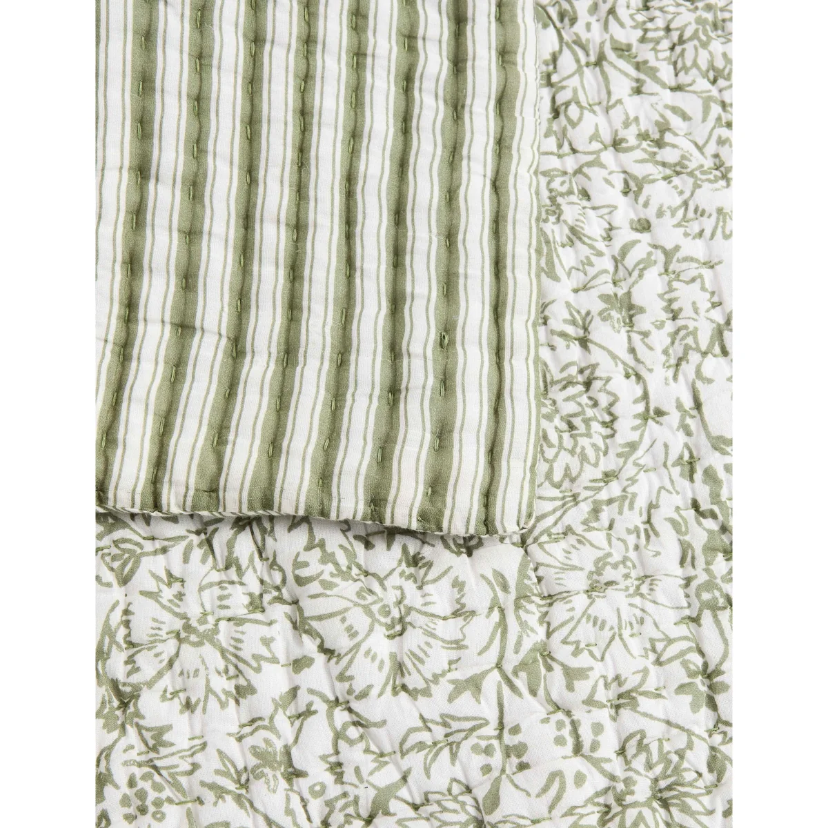 M&S Pure Cotton Floral Striped Bedspread Green Mix – image 2