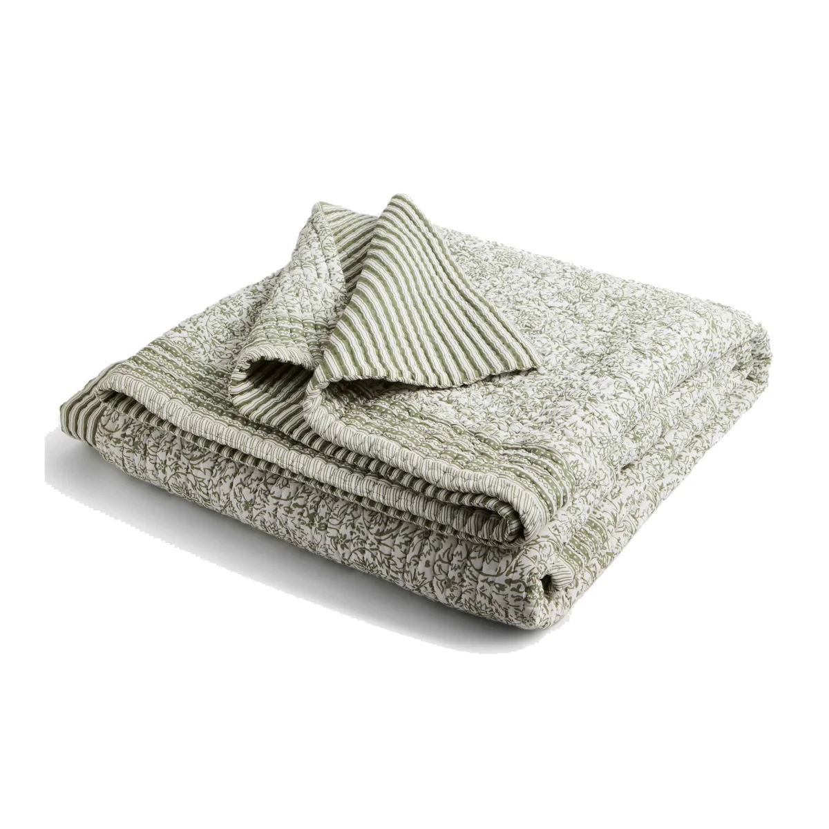 M&S Pure Cotton Floral Striped Bedspread Green Mix – image 1
