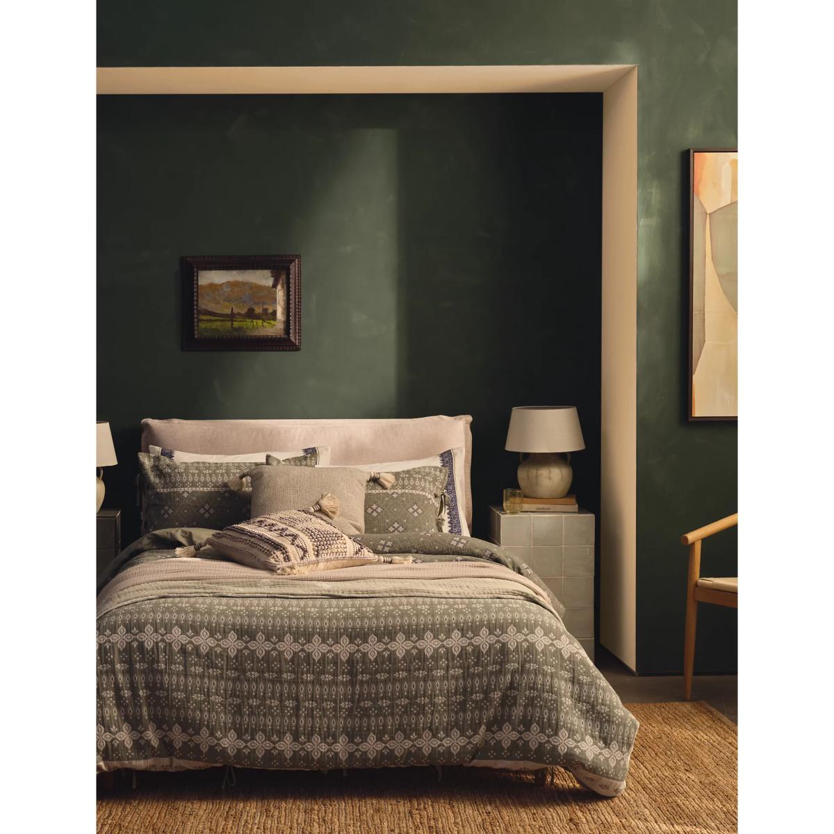 M&S X Fired Earth Casablanca Collection Maarif Stitched Throw - Weald Green, Weald Green,Malm,Natural – image 6