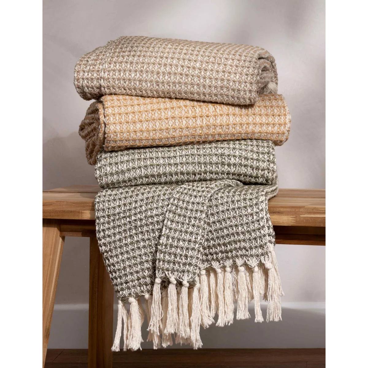 YARD Pure Cotton Waffle Fringed Throw Green – image 3