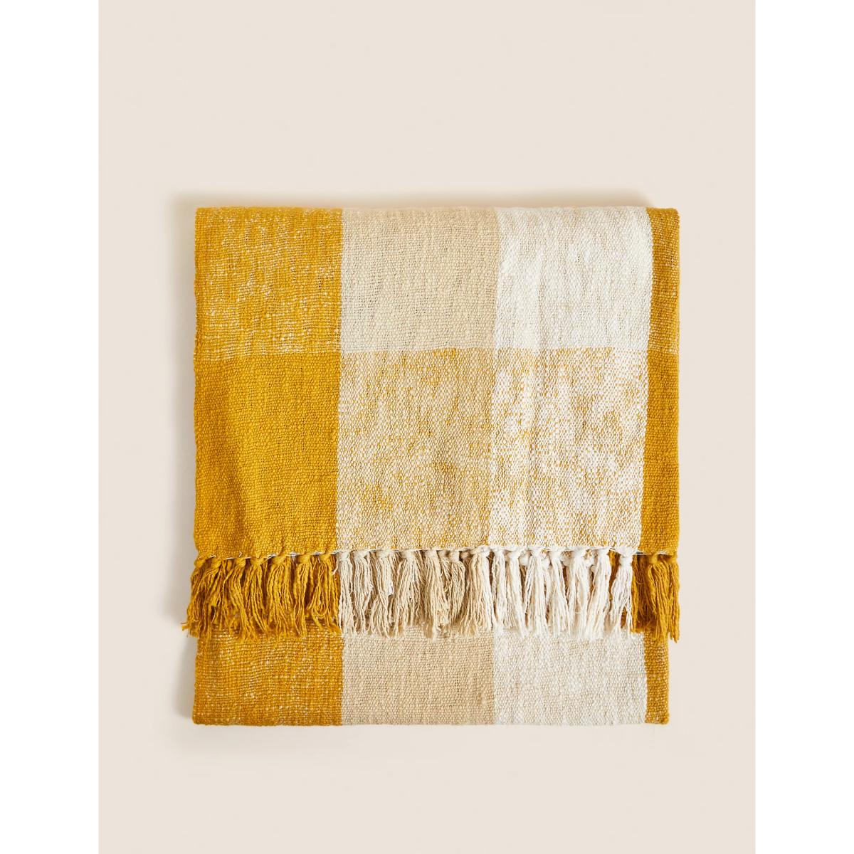 M&S Pure Cotton Checked Throw - Ochre, Ochre – image 3