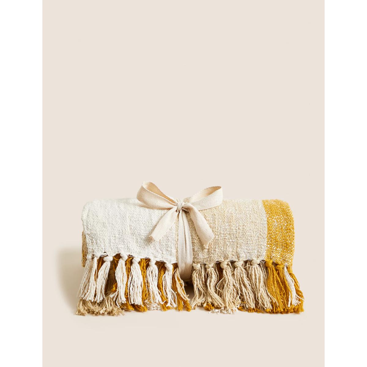 M&S Pure Cotton Checked Throw - Ochre, Ochre – image 5