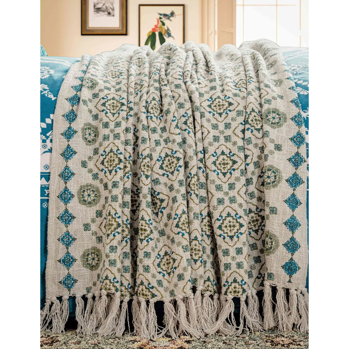 Joules Country Tiles Pure Cotton Geometric Throw Green Mix – image 3