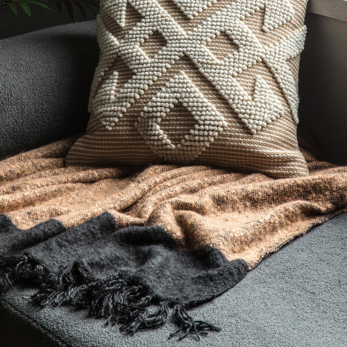 Gallery Interiors Tonal Faux Mohair Throw in Black & Camel – image 2