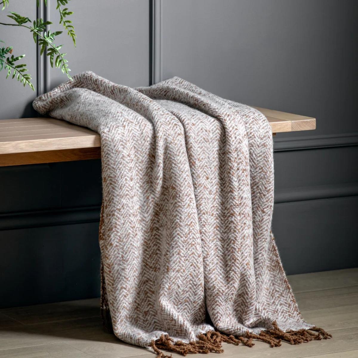 Herringbone Faux Mohair Throw - Tan – image 7