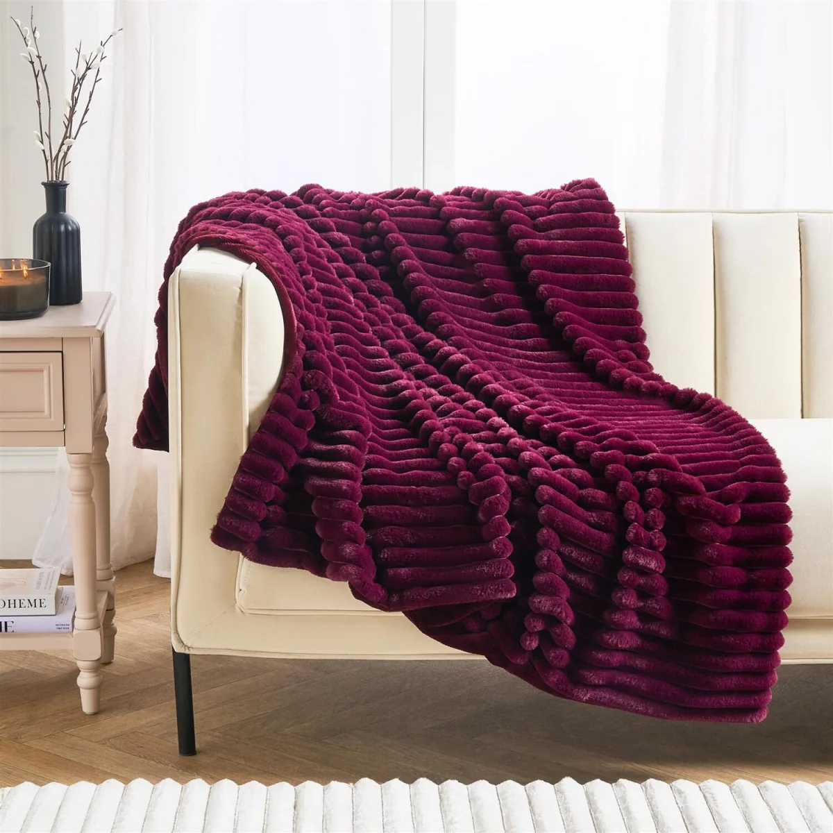 OHS Faux Fur Thick Ribbed Throw - Burgundy / 125cm / 0.95kg – image 2