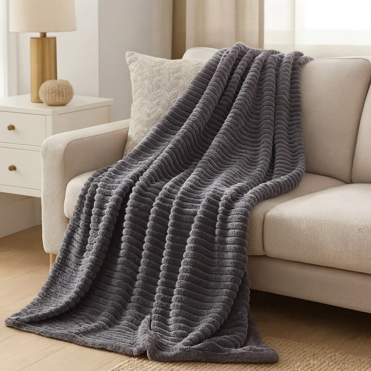 Luxury Ribbed Soft Throw Blanket - Grey