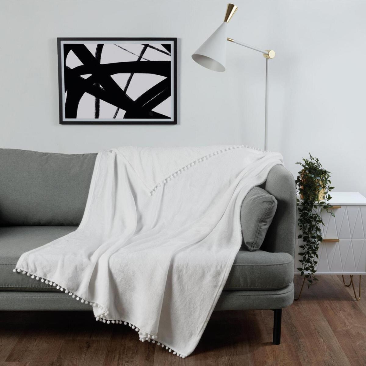 Dreamscene Ultra Soft Flannel Fleece Pom Pom Throw Blanket - White / 240cm – image 3