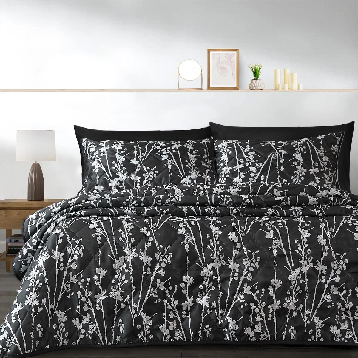 Luxury Jacquard Quilted Bedspread Sets - Black / Superking