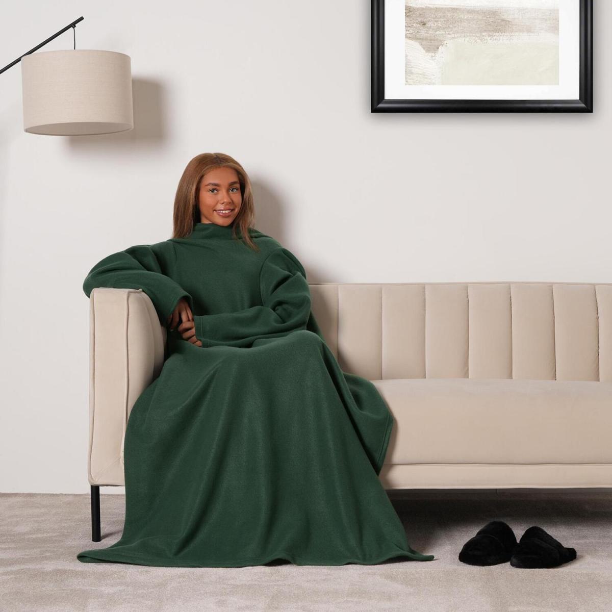 OHS Polar Fleece Blanket with Sleeves Wearable Wrap Throw - Forest Green – image 3
