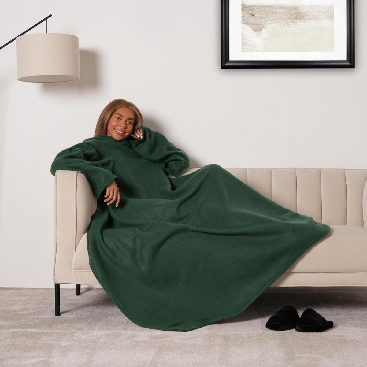 OHS Polar Fleece Blanket with Sleeves Wearable Wrap Throw - Forest Green – image 4