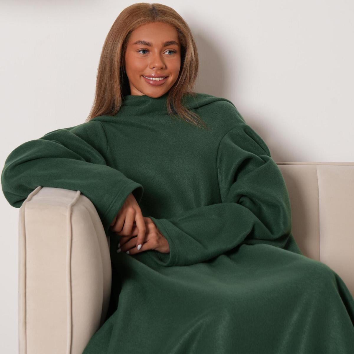 OHS Polar Fleece Blanket with Sleeves Wearable Wrap Throw - Forest Green – image 5