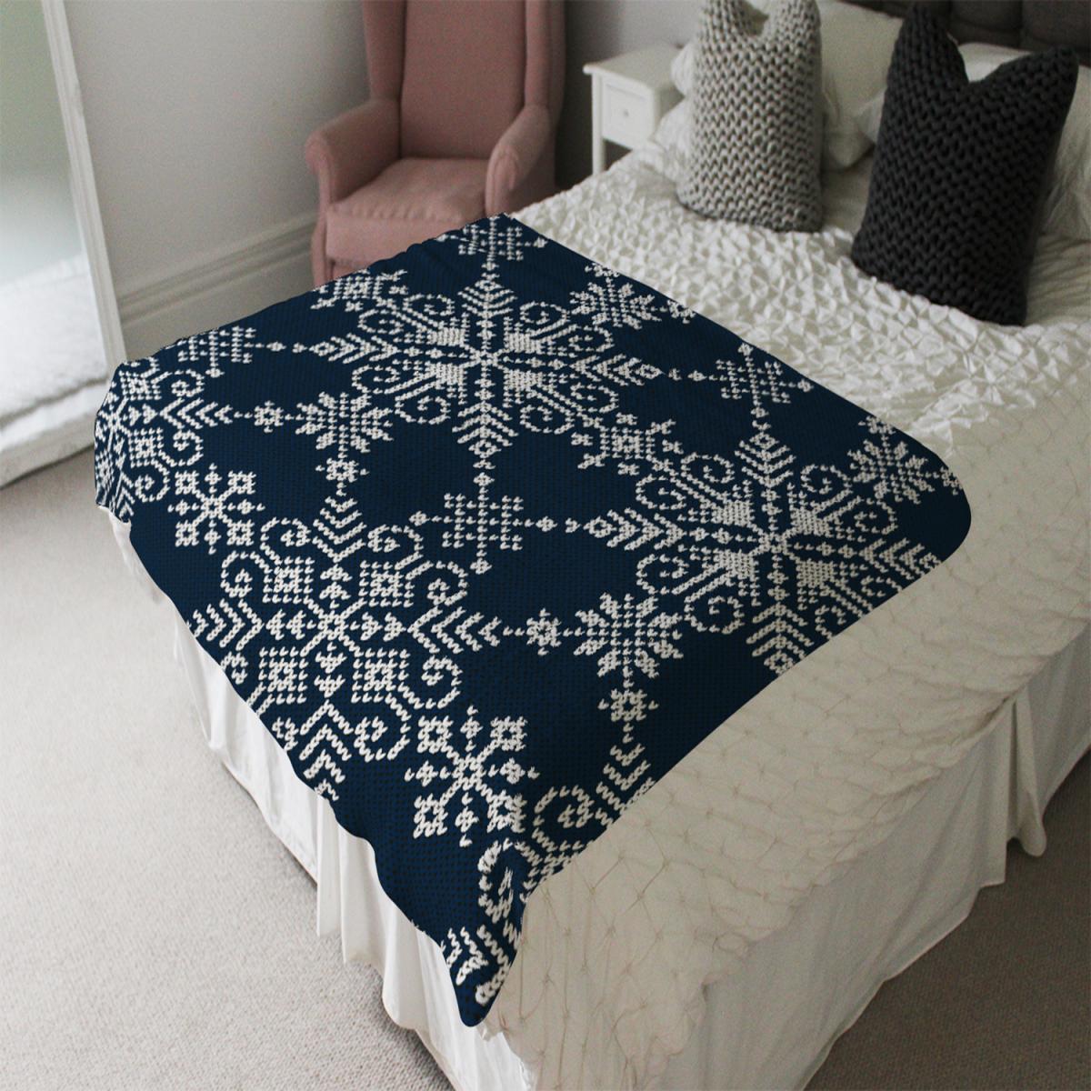 Knitted Pattern Of White Snowflakes Soft Blanket - Blue – image 1