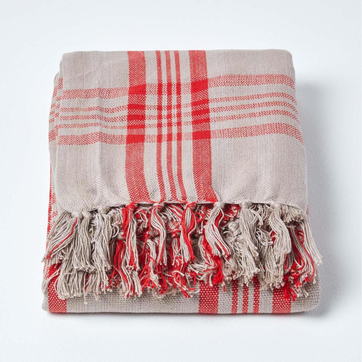 Grey and Red Tartan Check Sofa and Bed Throw - Red and Grey / 225 x 255 cm – image 2