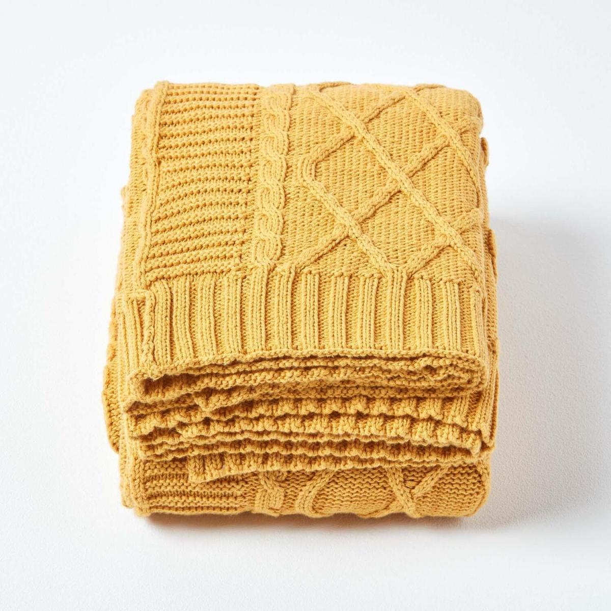 Diamond Cable Knit Cotton Throw - Mustard / 200cm – image 2