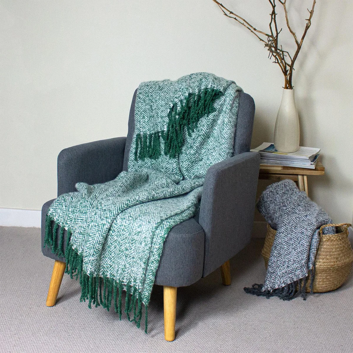 Herringbone Fringed Throw - Teal – image 13