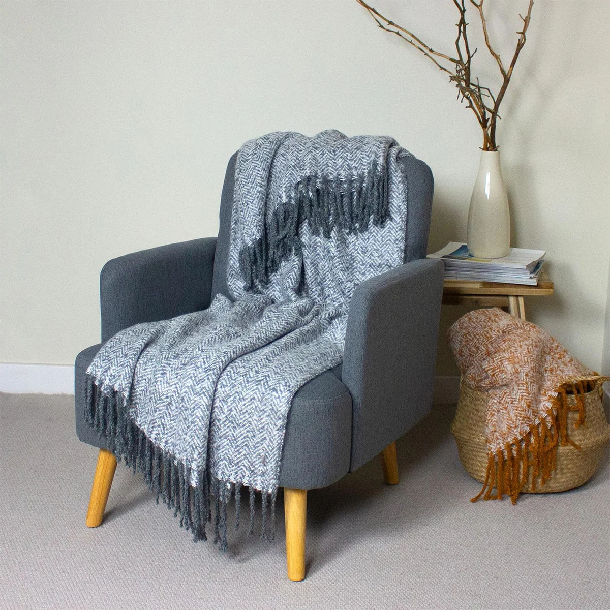 Herringbone Fringed Throw - Teal – image 15