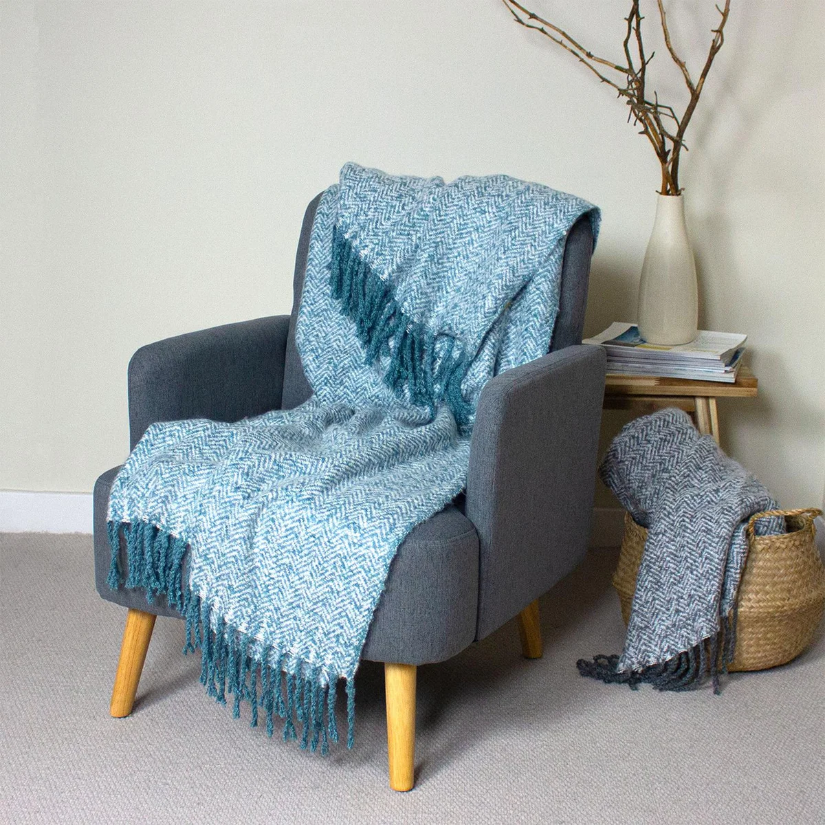Herringbone Fringed Throw - Teal – image 3