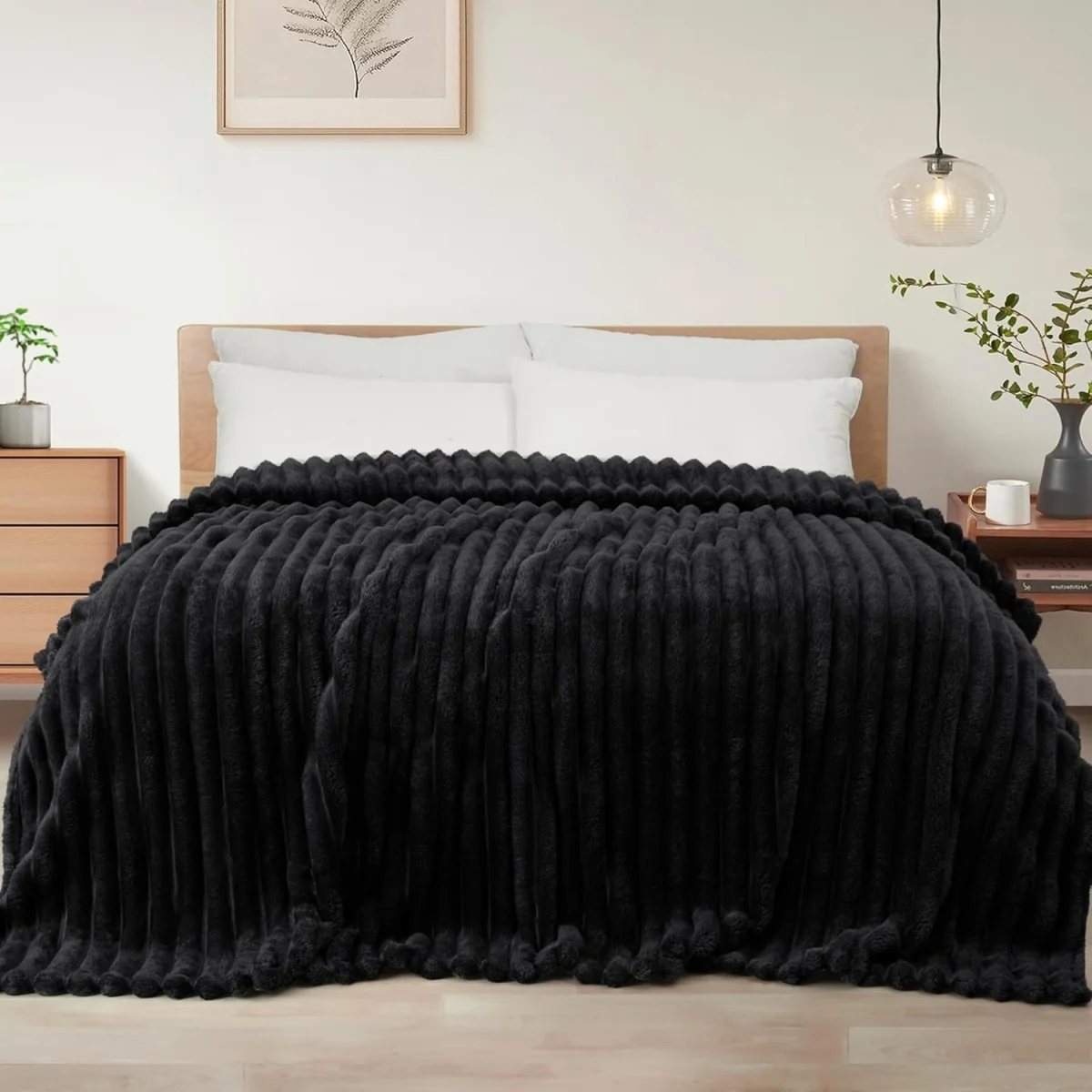 Ribbed Jacquard Fleece Blanket 200x240cm - Black – image 3