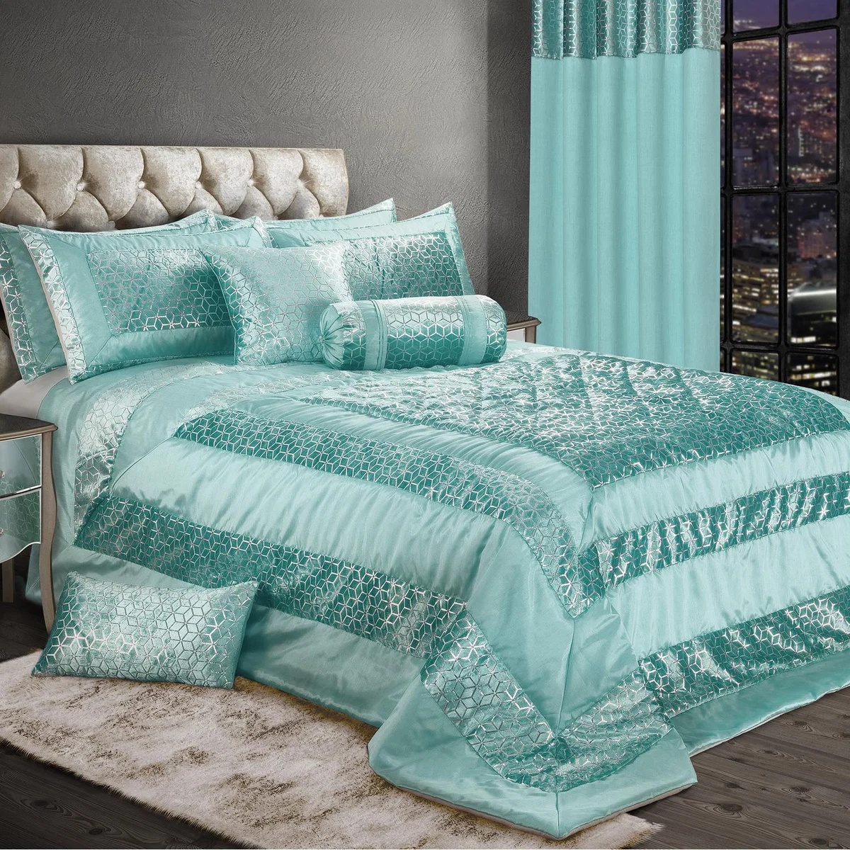 Luxury Metallic Geometric Foil Pattern Bedspread - Duck Egg / 1.88kg