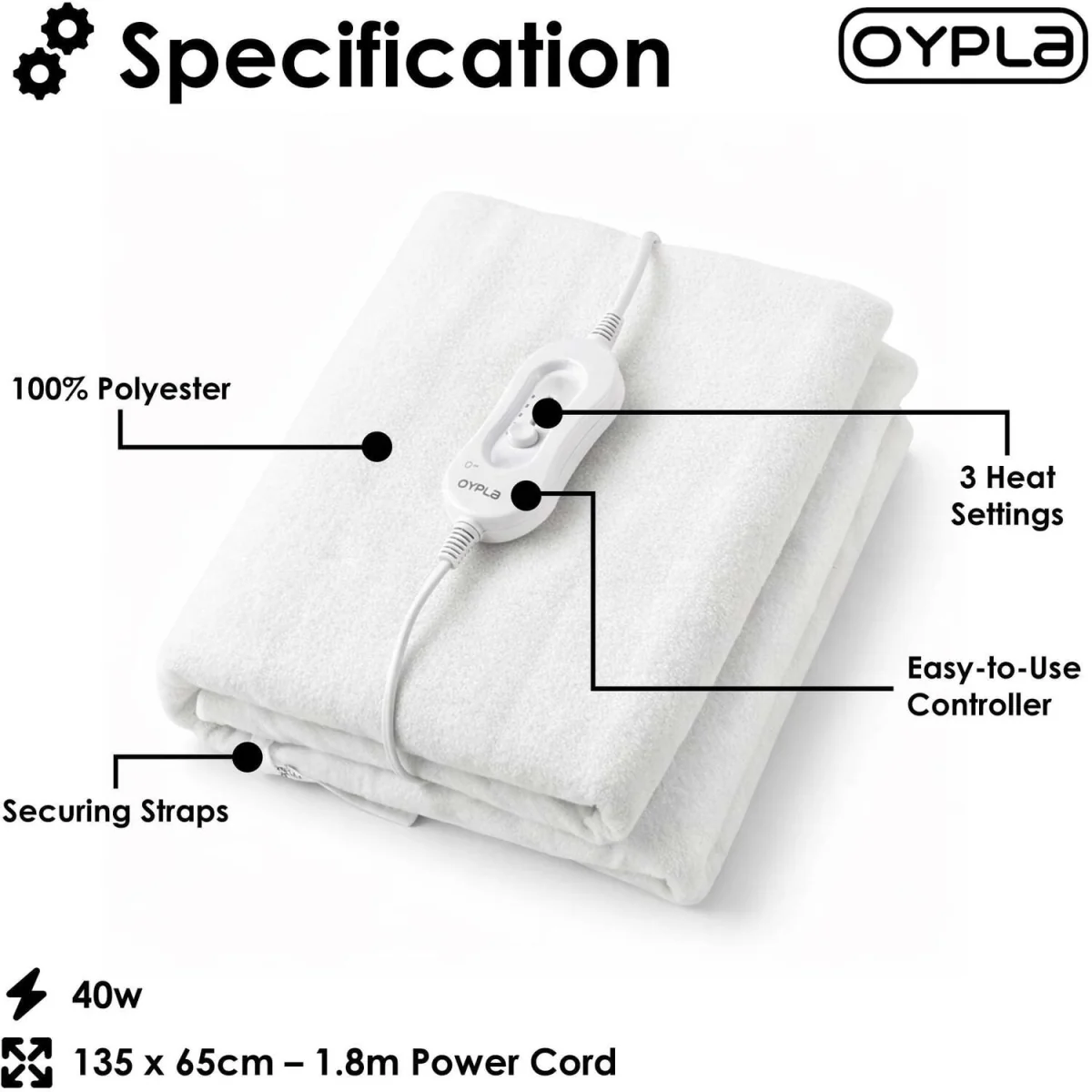 Electric Heated Underblanket with 3 Heat Settings - Single - White / 650.00mm – image 2
