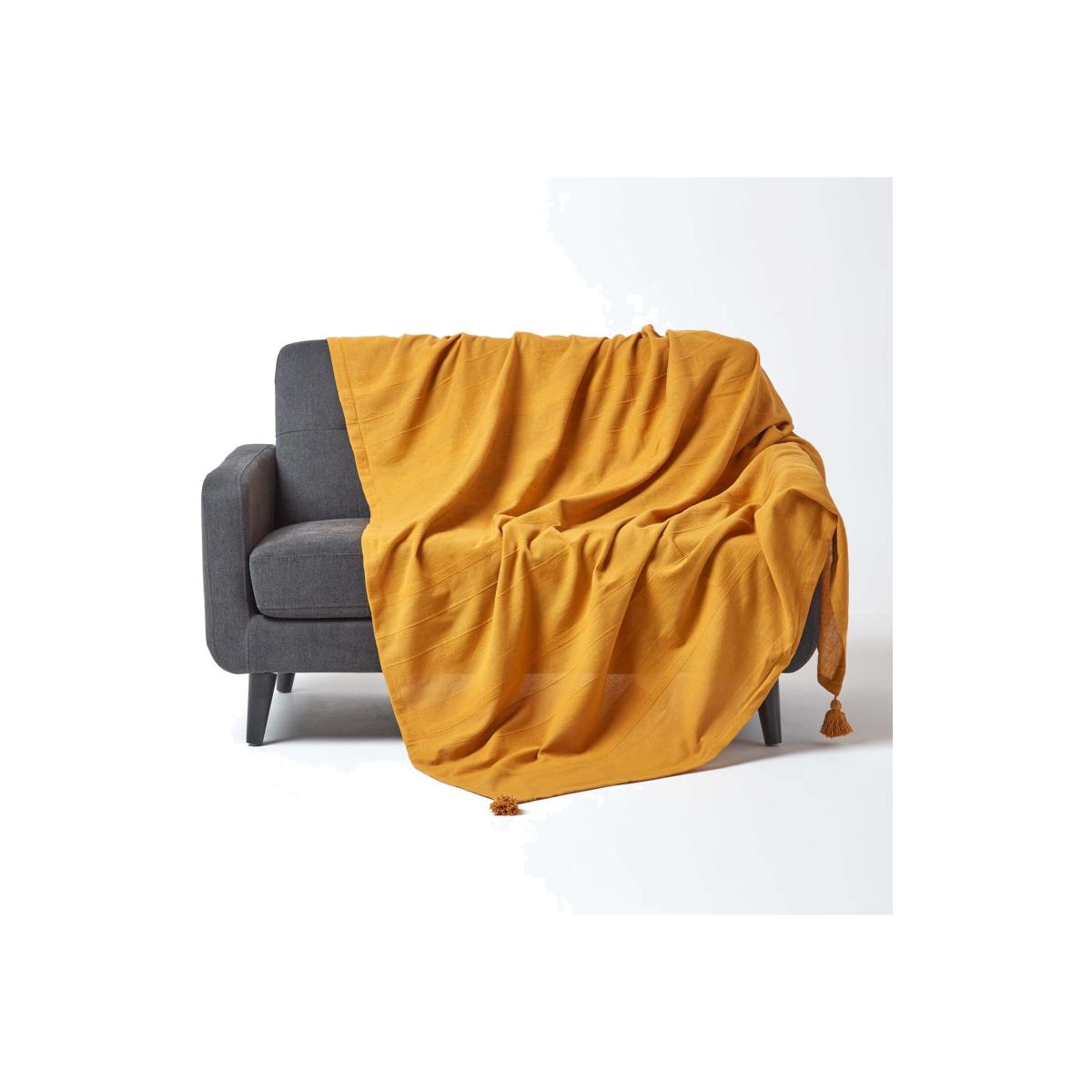 Homescapes Cotton Rajput Ribbed Throw - Mustard / 2.32kg / 360cm – image 1
