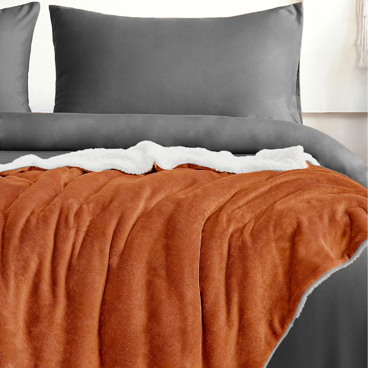 Snug Soft Plain Sherpa Backed Throw - Orange