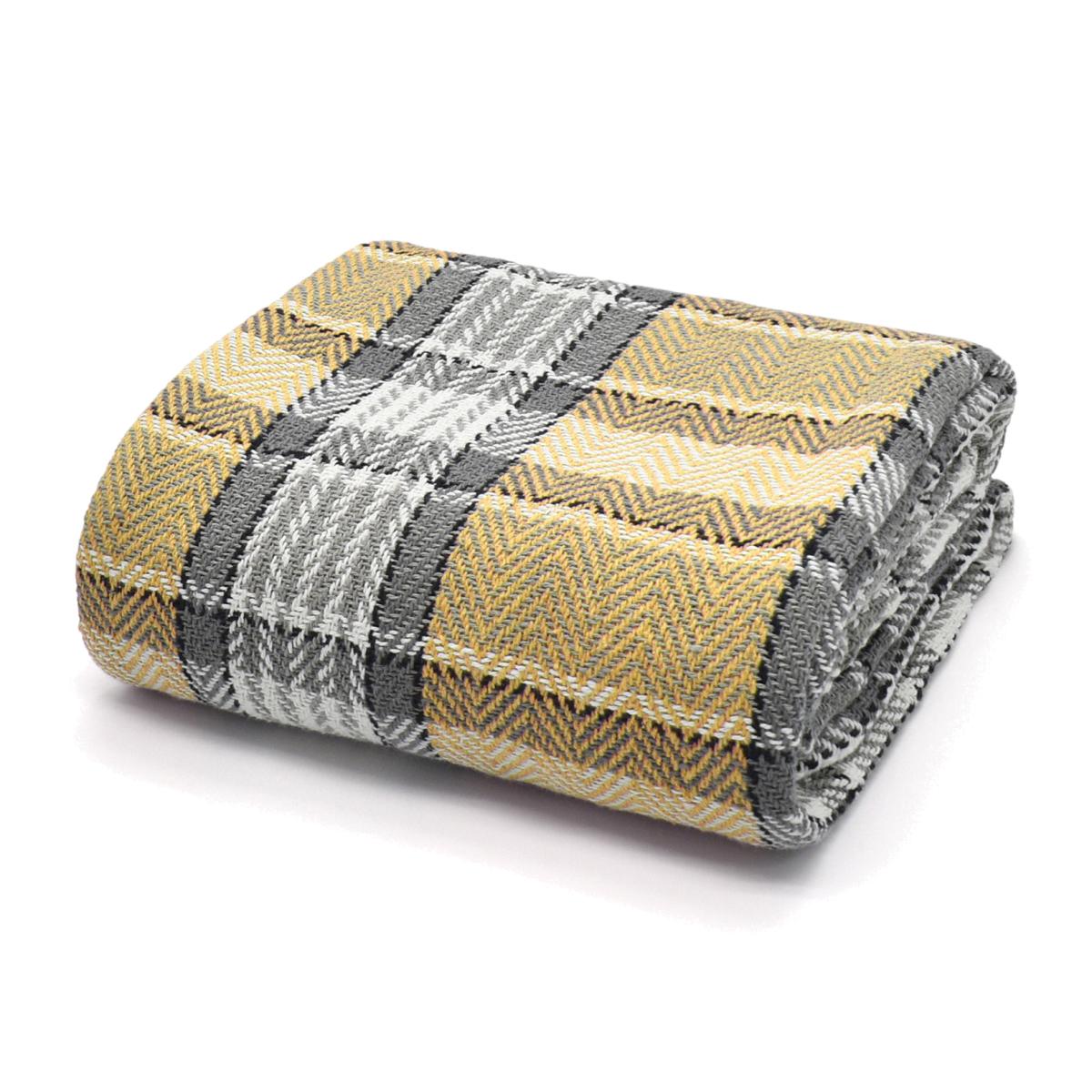 100 Percent Cotton Indian Check Patterend Sofa or Bed Throw - Grey/ Ochre / 228cm