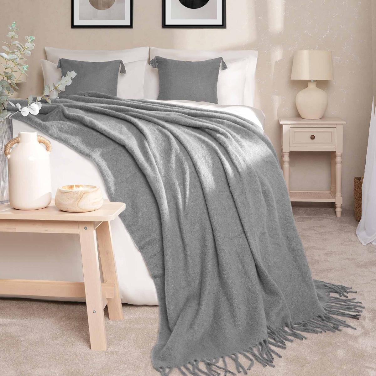 Highams Teased Wool Soft Knit Tassel Fleece Blanket Throw - Silver / 200cm – image 5