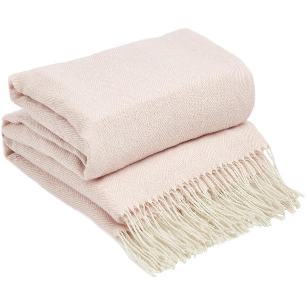 Highams Herringbone Chevron Tassel Knit Soft Throw - Pink – image 2