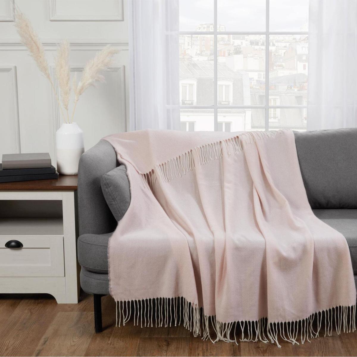 Highams Herringbone Chevron Tassel Knit Soft Throw - Pink – image 4
