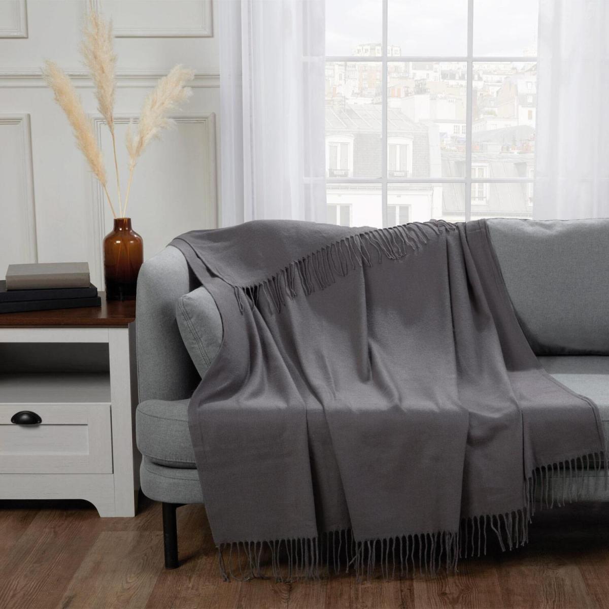 Highams Plain Soft Tassel Knit Fleece Throw Blanket - Grey – image 4