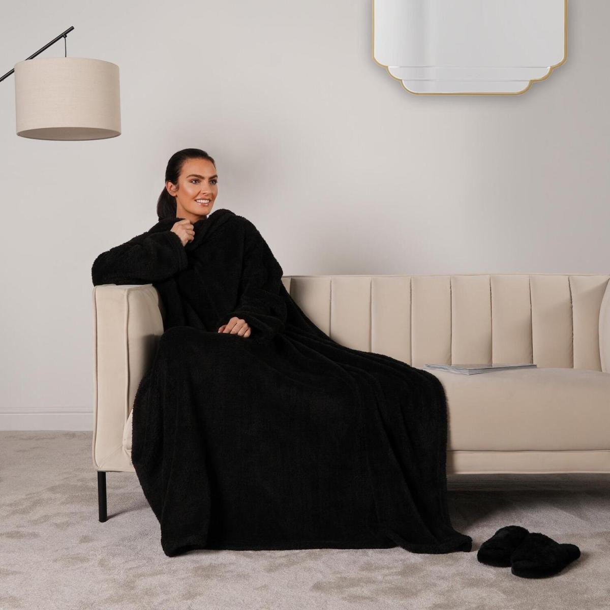 OHS Teddy Fleece Blanket with Sleeves Wearable Wrap Throw - Black – image 3