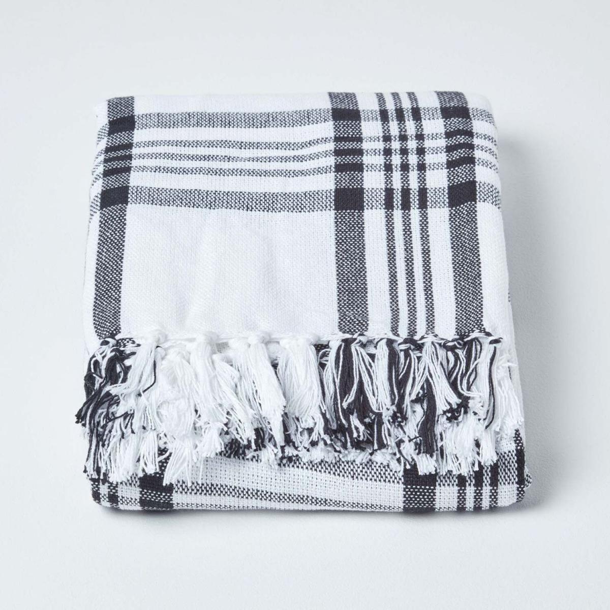 White and Black Tartan Check Sofa and Bed Throw - White and Black / 255cm – image 2