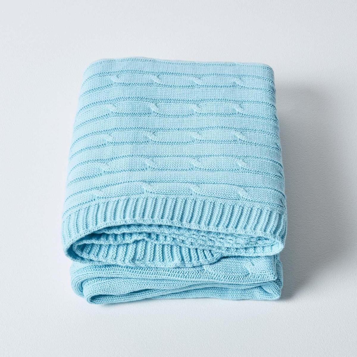 Homescapes Cotton Cable Knit Throw - Pastel Blue / 170cm – image 2