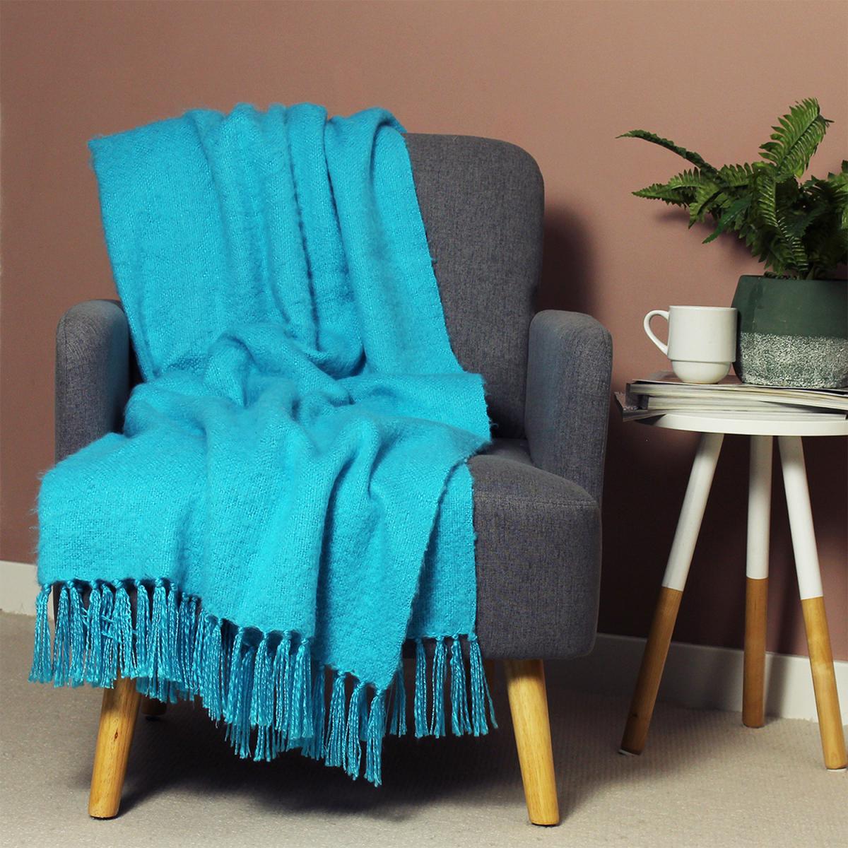 Plain Tasselled Woven Throw - Kingfisher – image 2