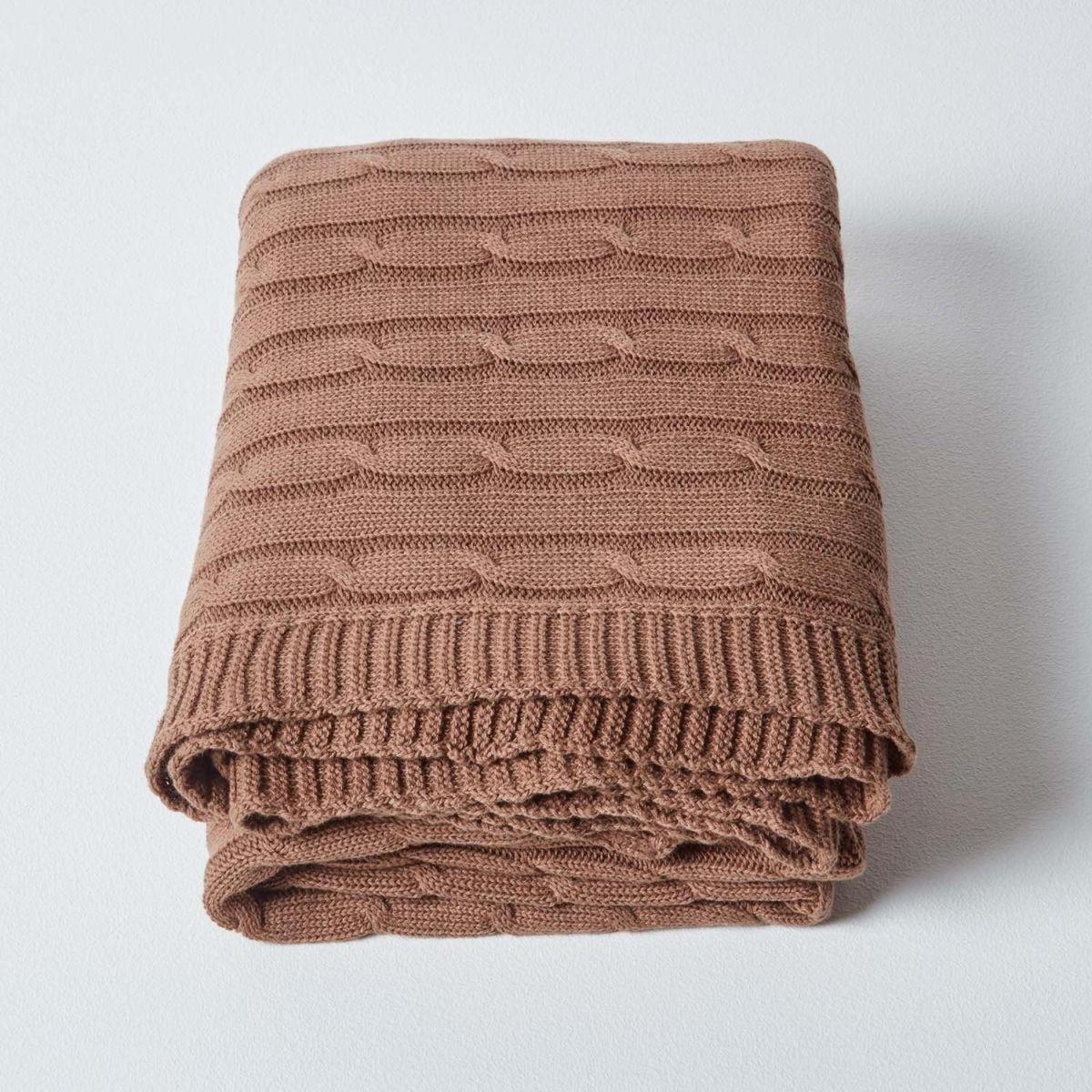Homescapes Cotton Cable Knit Throw - Brown / 200cm – image 2