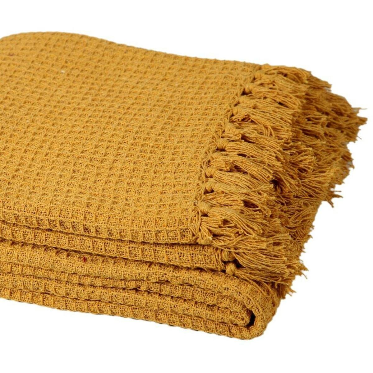 Pure Cotton Honeycomb Chair Sofa Bed Throws - Mustard – image 4
