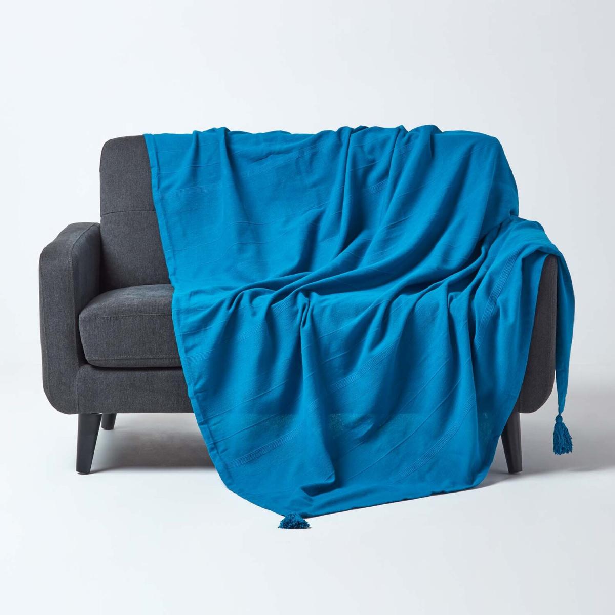 Homescapes Cotton Rajput Ribbed Throw - Blue / 0.87kg / 200cm – image 32
