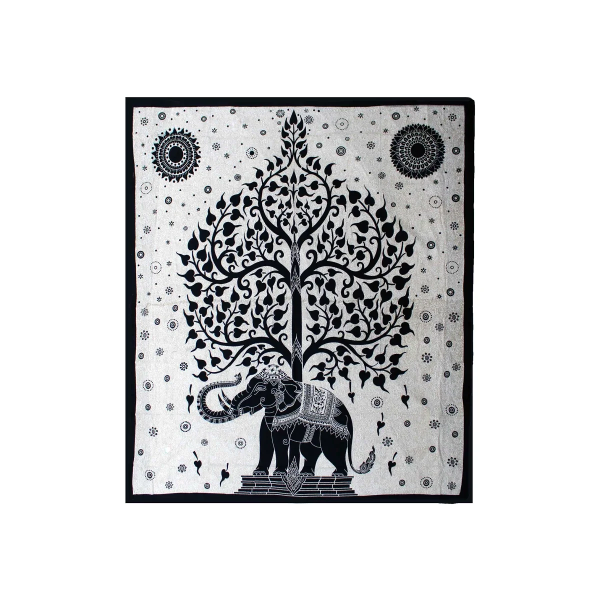 Double Cotton Bedspread Wall Hanging - Elephant Tree Art - Black
