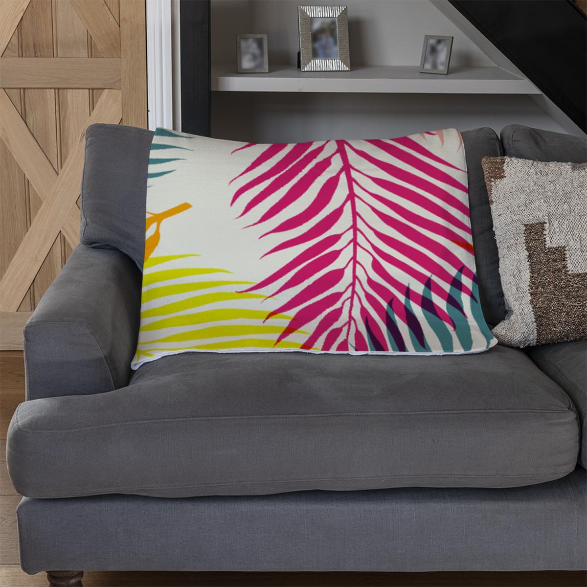 Multi Coloured Tropical Leaves Blanket - Blue – image 3
