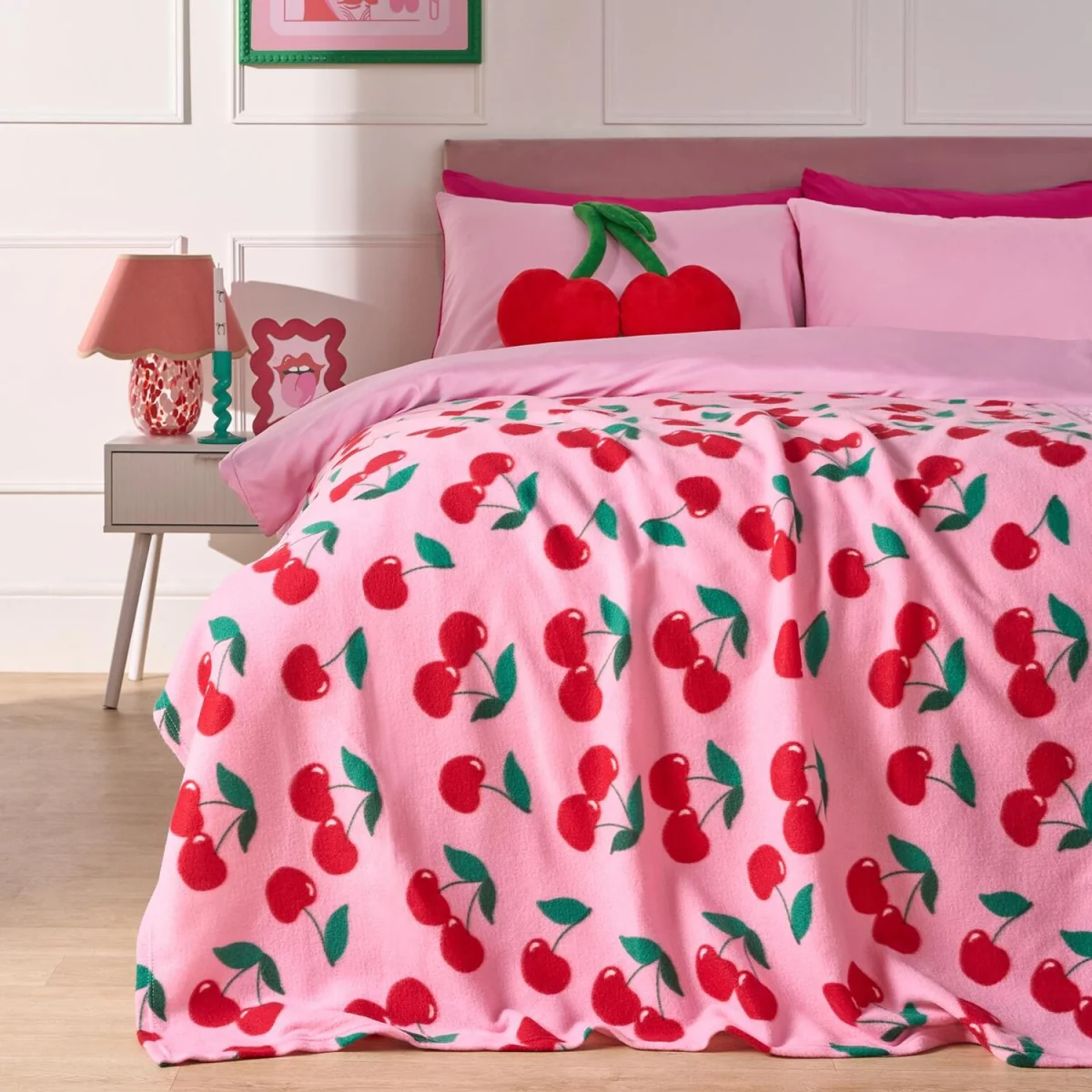 OHS Cherry Print Fleece Throw - Pink/Red – image 2