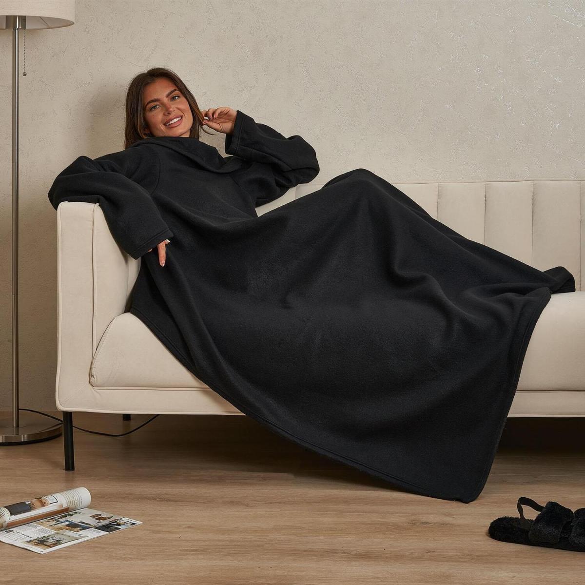 OHS Polar Fleece Blanket with Sleeves Wearable Wrap Throw - Black – image 2