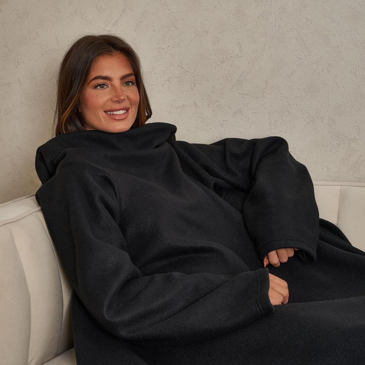 OHS Polar Fleece Blanket with Sleeves Wearable Wrap Throw - Black – image 3