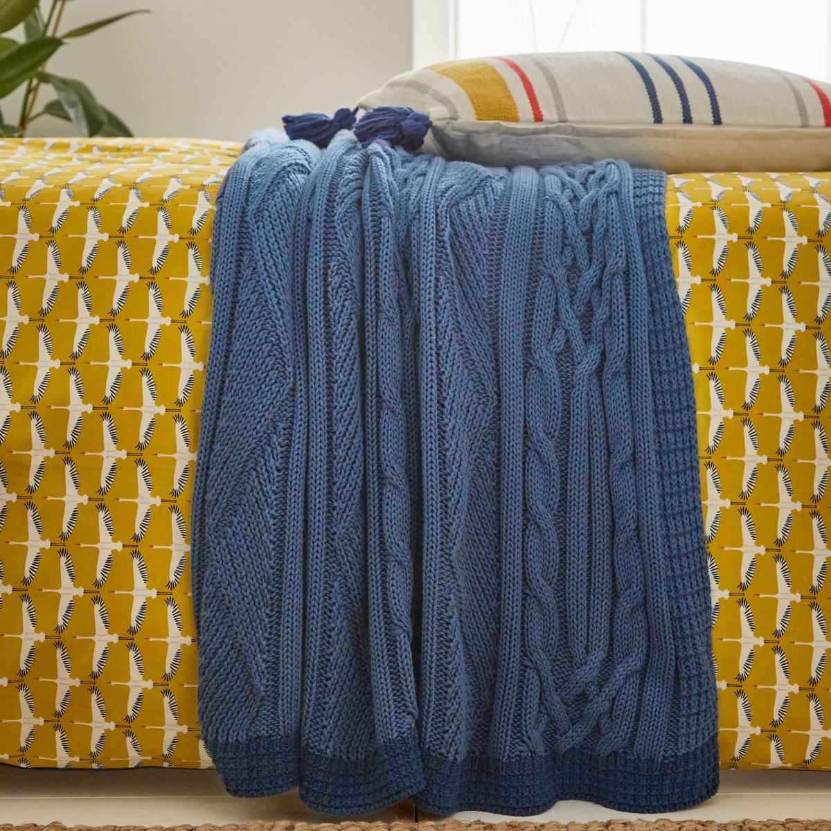Coastal Cable Knitted Cotton Throw by Joules in Blue – image 2