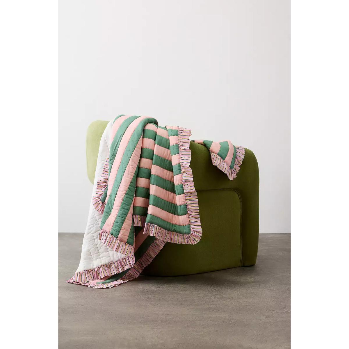 Pink & Green Stripe Quilted Throw - Pink 152cm x 127cm at Urban Outfitters – image 2