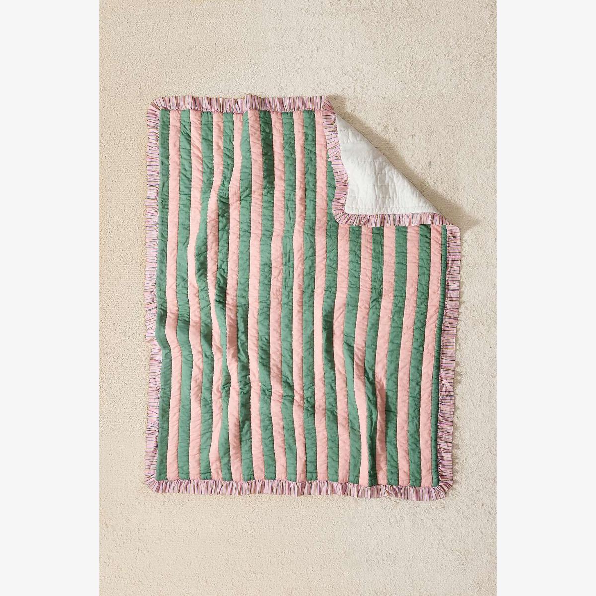 Pink & Green Stripe Quilted Throw - Pink 152cm x 127cm at Urban Outfitters – image 1