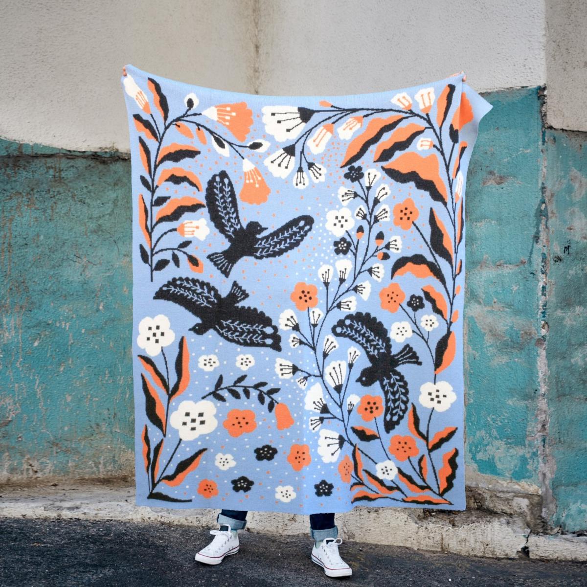 Blue / Brown / White Merino Wool Blue Birds Throw Blanket Jessie Zhao New York – image 2