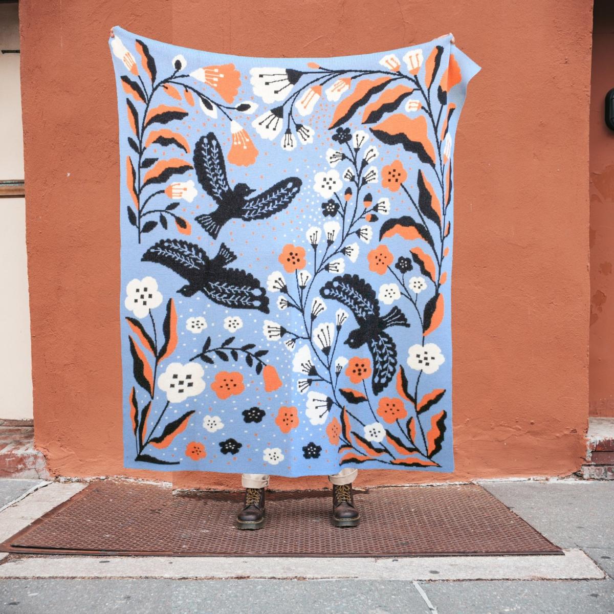 Blue / Brown / White Merino Wool Blue Birds Throw Blanket Jessie Zhao New York – image 3