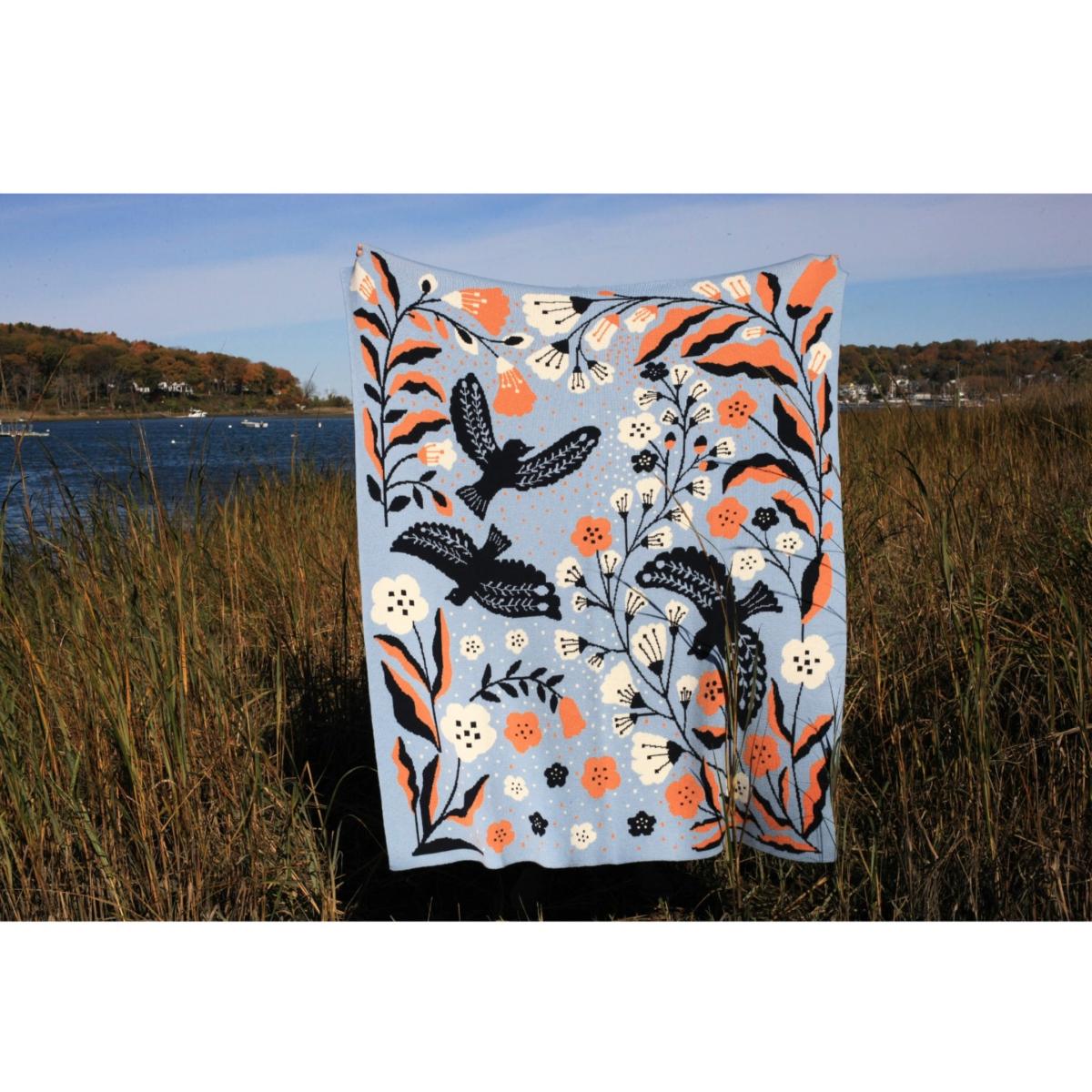 Blue / Brown / White Merino Wool Blue Birds Throw Blanket Jessie Zhao New York – image 4